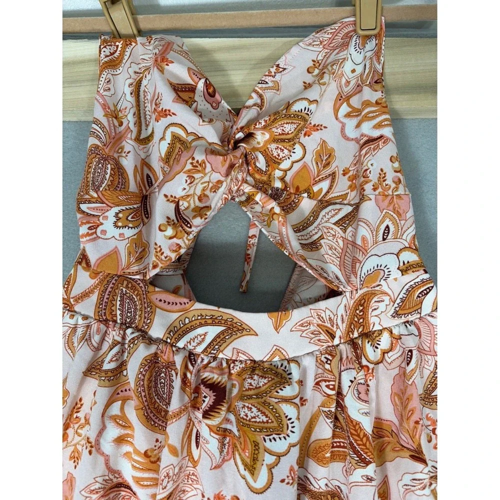 Boho Paisley Floral Halter Maxi Dress with Cutout‎ and Side Slit Orange Brown